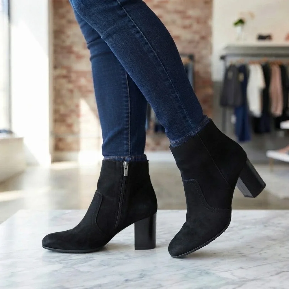 Blondo Salome Waterproof Ankle Boots 7.5M Black Suede Block Heel Chic City Wear